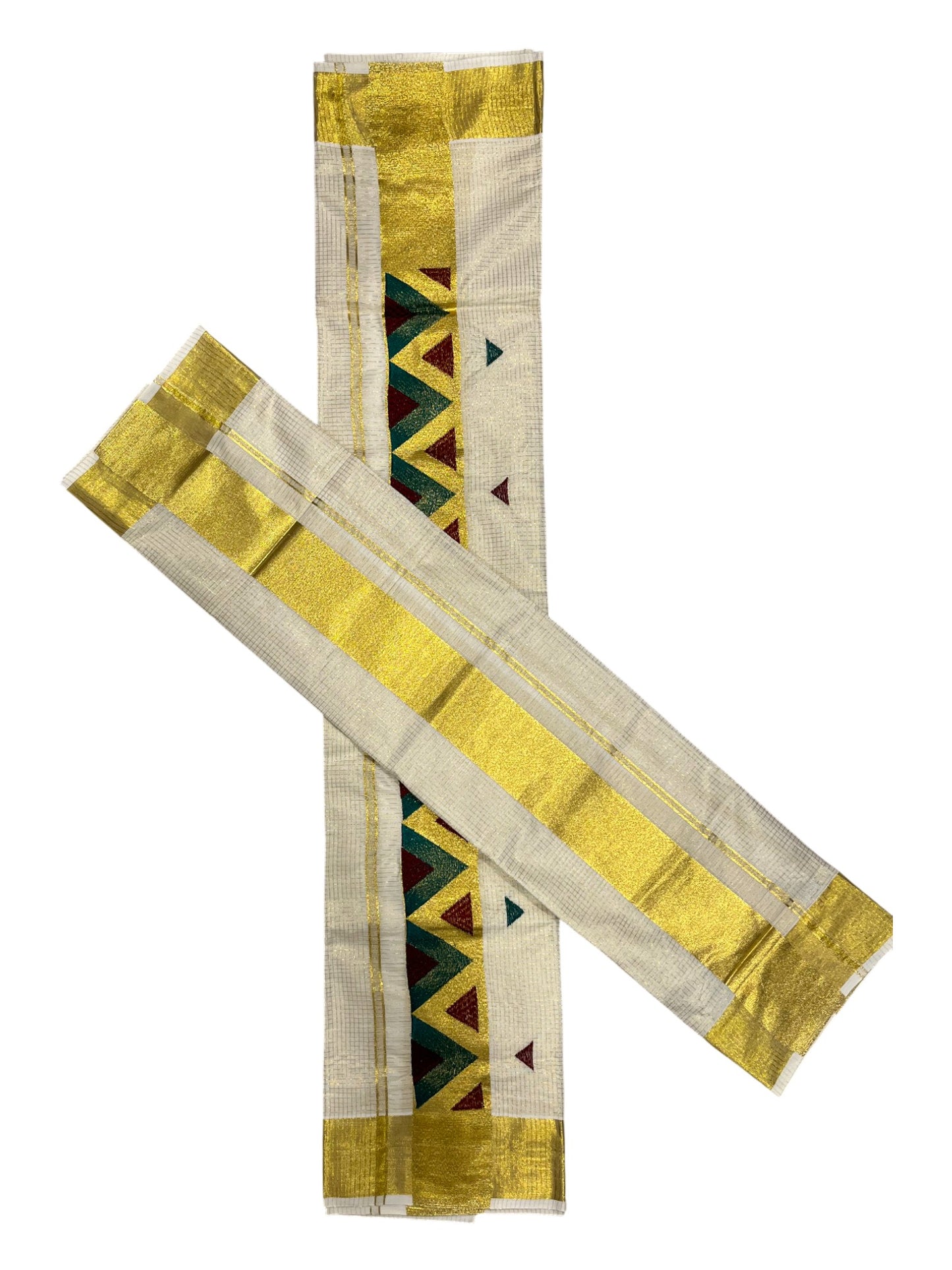 southloom Kerala TIssue Kasavu Mundum Neriyathum  (Set Mundu) with Green Maroon  Embroidery Designs in Kasavu Border