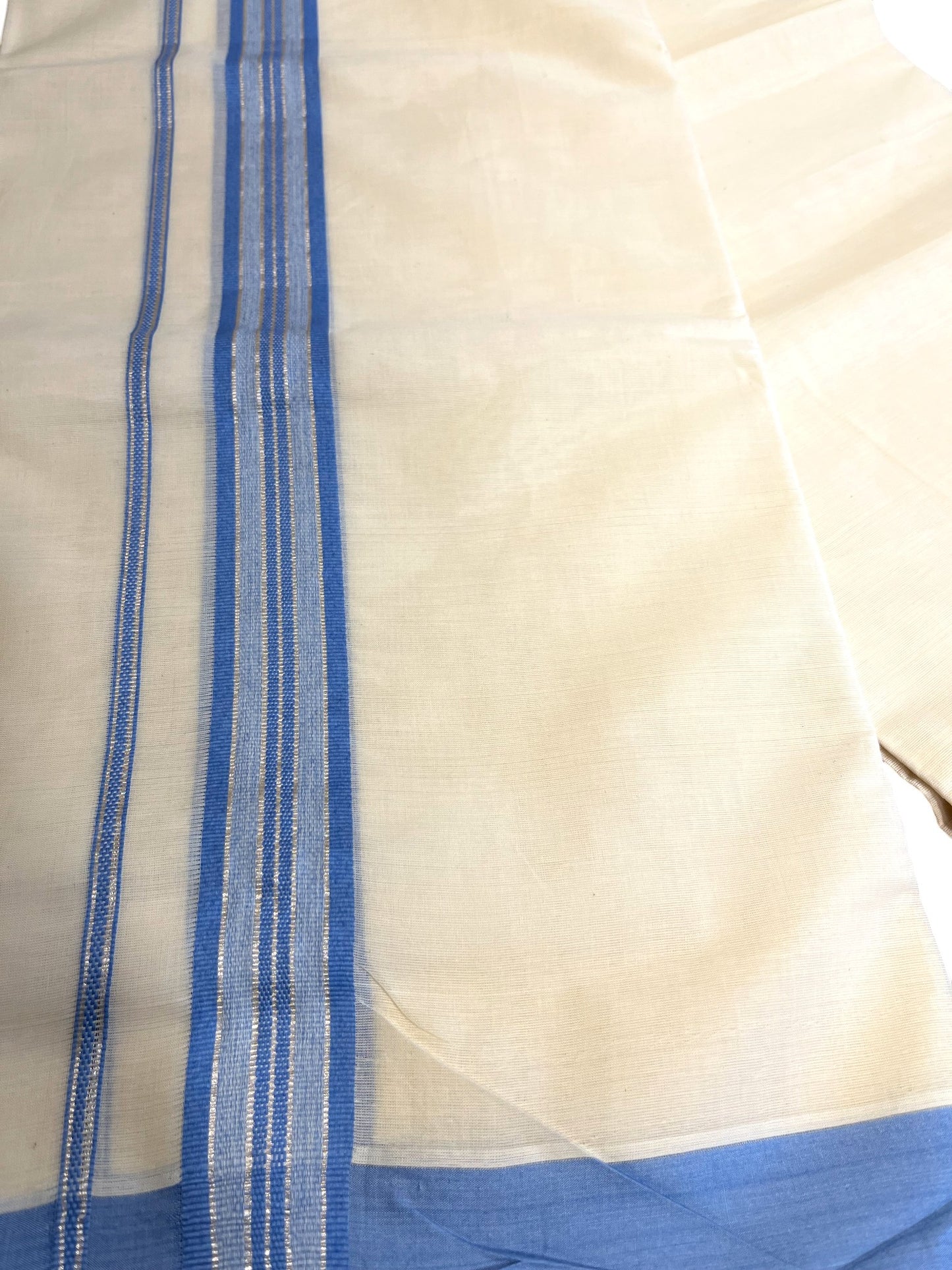 Southloom Kerala Pure Cotton Double Mundu with Silver Lines & Blue Border (South Indian Dhoti)