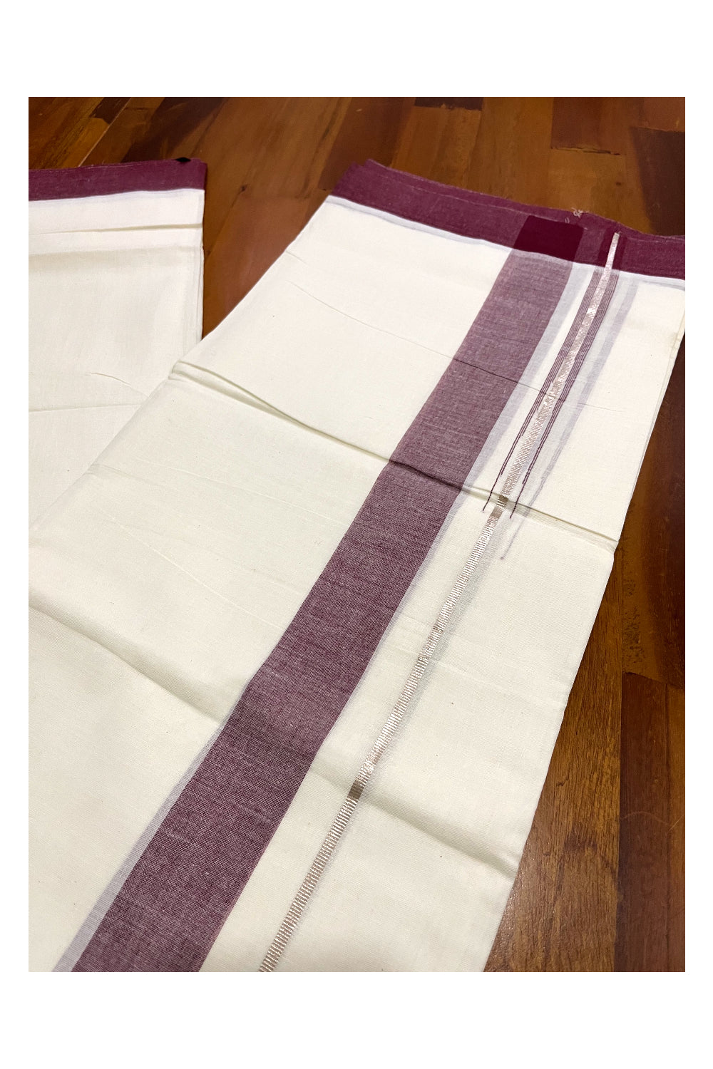 Pure Cotton Kerala Double Mundu with Purple and Kasavu Line Chutti Border (South Indian Kerala Dhoti)