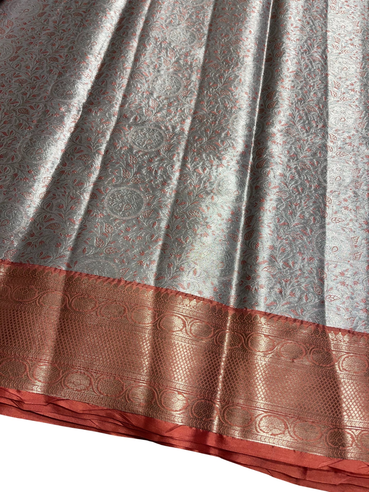 Southloom Semi Banarasi Katan Tissue Saree with Woven Work on Body and Borders (Grey & Peach)