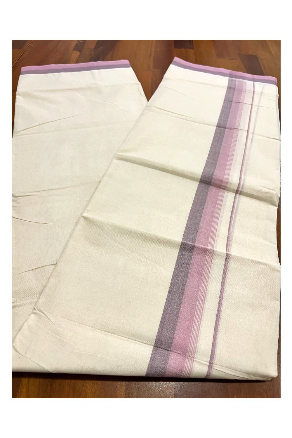 Kerala Pure Cotton Double Mundu with Violet Border (South Indian Kerala Dhoti)