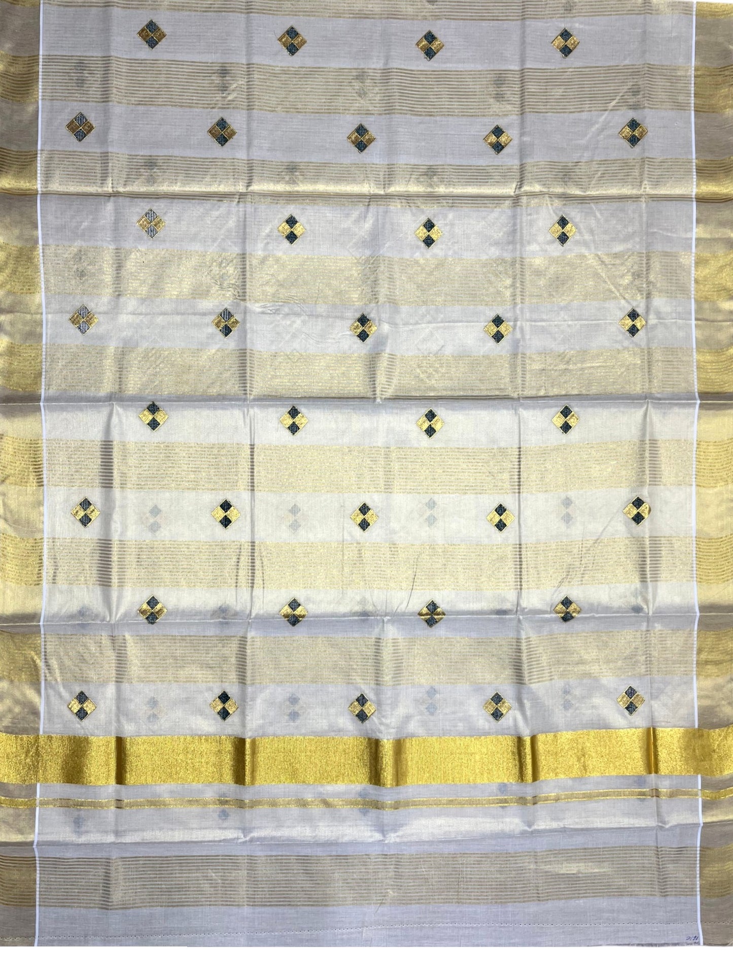 Southloom Kerala Tissue Kasavu Striped Saree with  Diagonal Woven Designs in Green And Gold Body Work