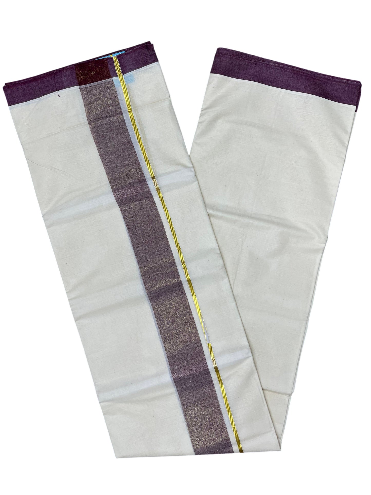 Southloom Kerala Pure Cotton Double Mundu with Purple Border (South Indian Dhoti)