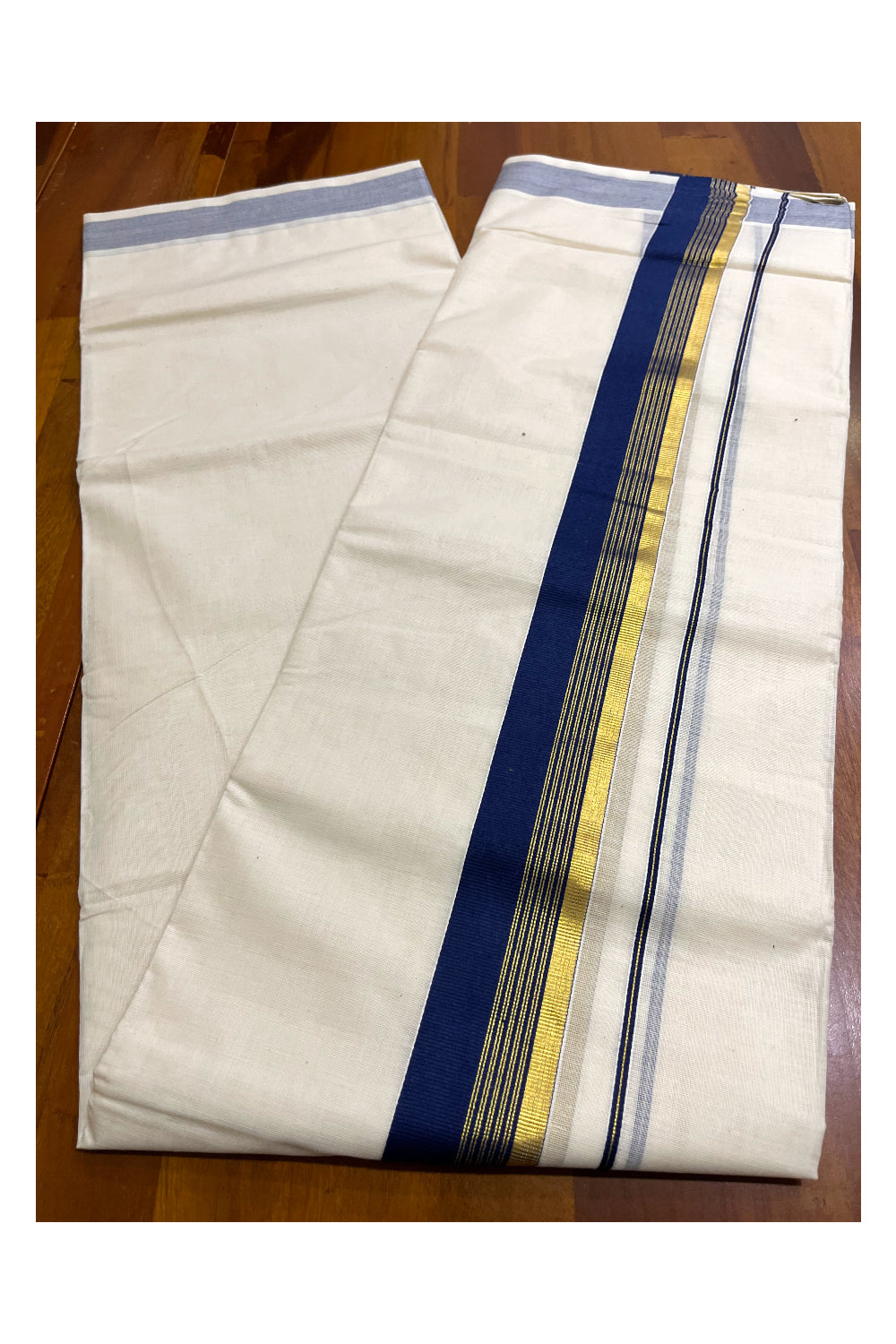 Kerala Pure Cotton Double Mundu with Dark Blue and Kasavu Border (South Indian Kerala Dhoti)
