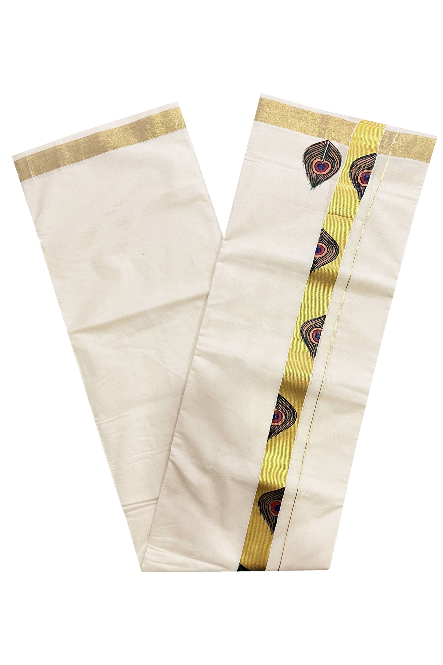 Off White Kerala Cotton Double Mundu with Feather Hand Painted Designs on Kasavu Border (Vishu 2024 Collection)