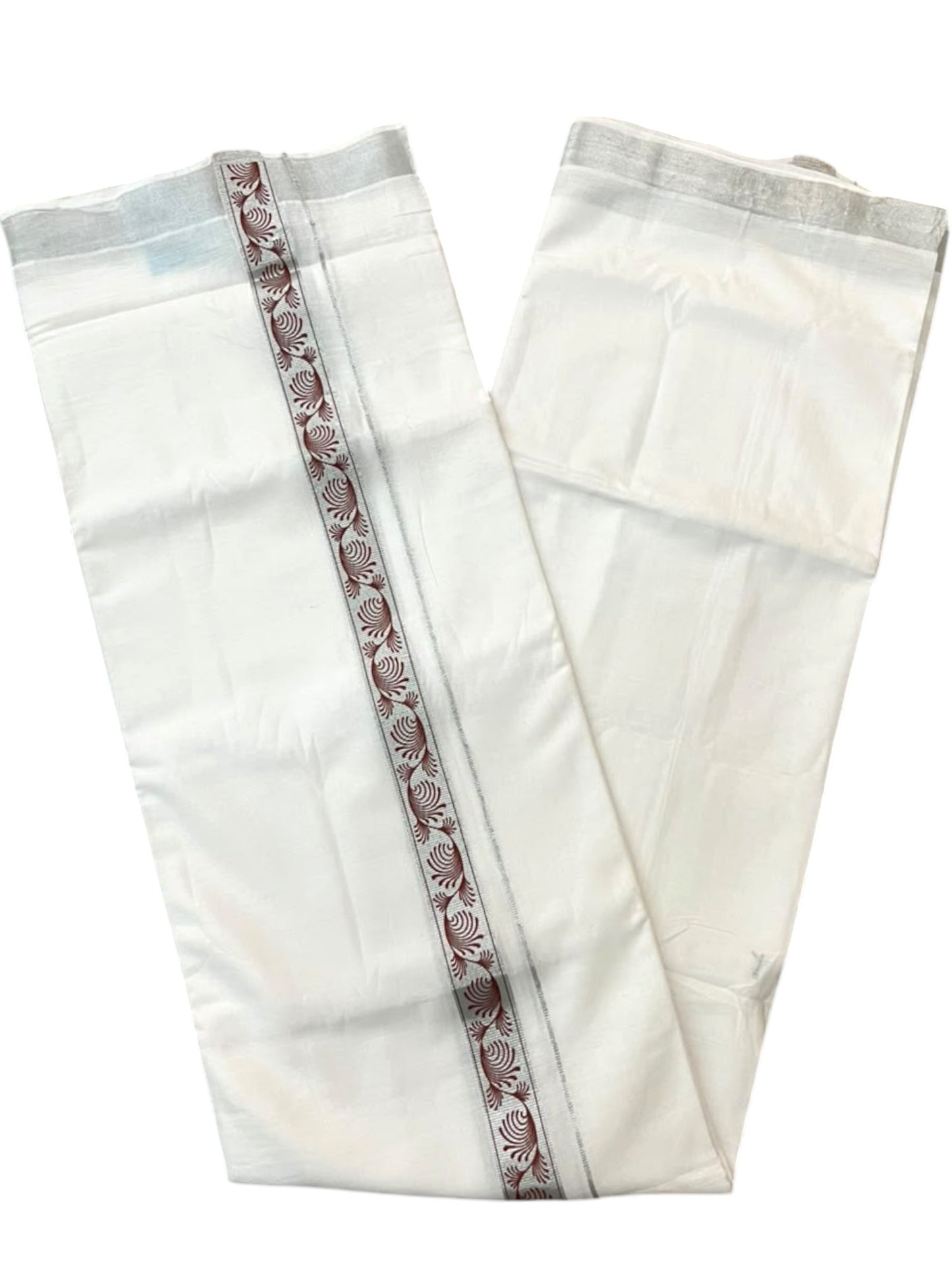 Southloom Pure White Cotton Mundu with Brown and Silver Kasavu Border (South Indian Kerala Dhoti)