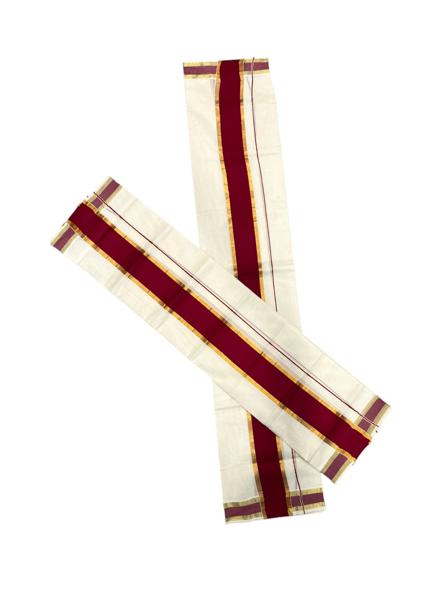 Southloom Kerala Cotton Single Set Mundu (Mundum Neriyathum) with Kasavu and Maroon Border