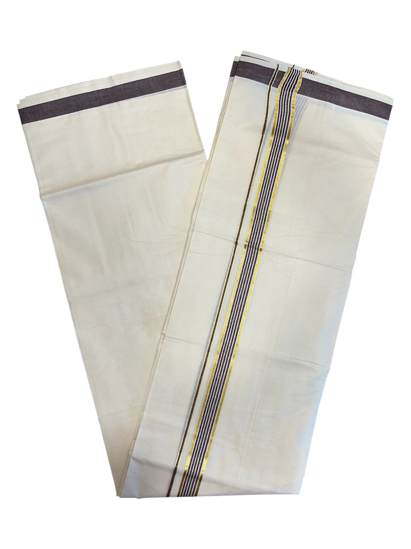 Southloom Pure Cotton  Double Mundu With  Gold Kasavu & Brown Lines Border (South Indian Kerala Dhoti)