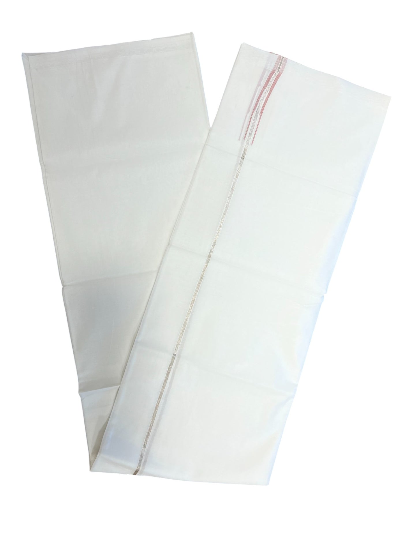 Pure White Cotton Double Mundu with Silver and Maroon Chutti Kara (South Indian Dhoti)