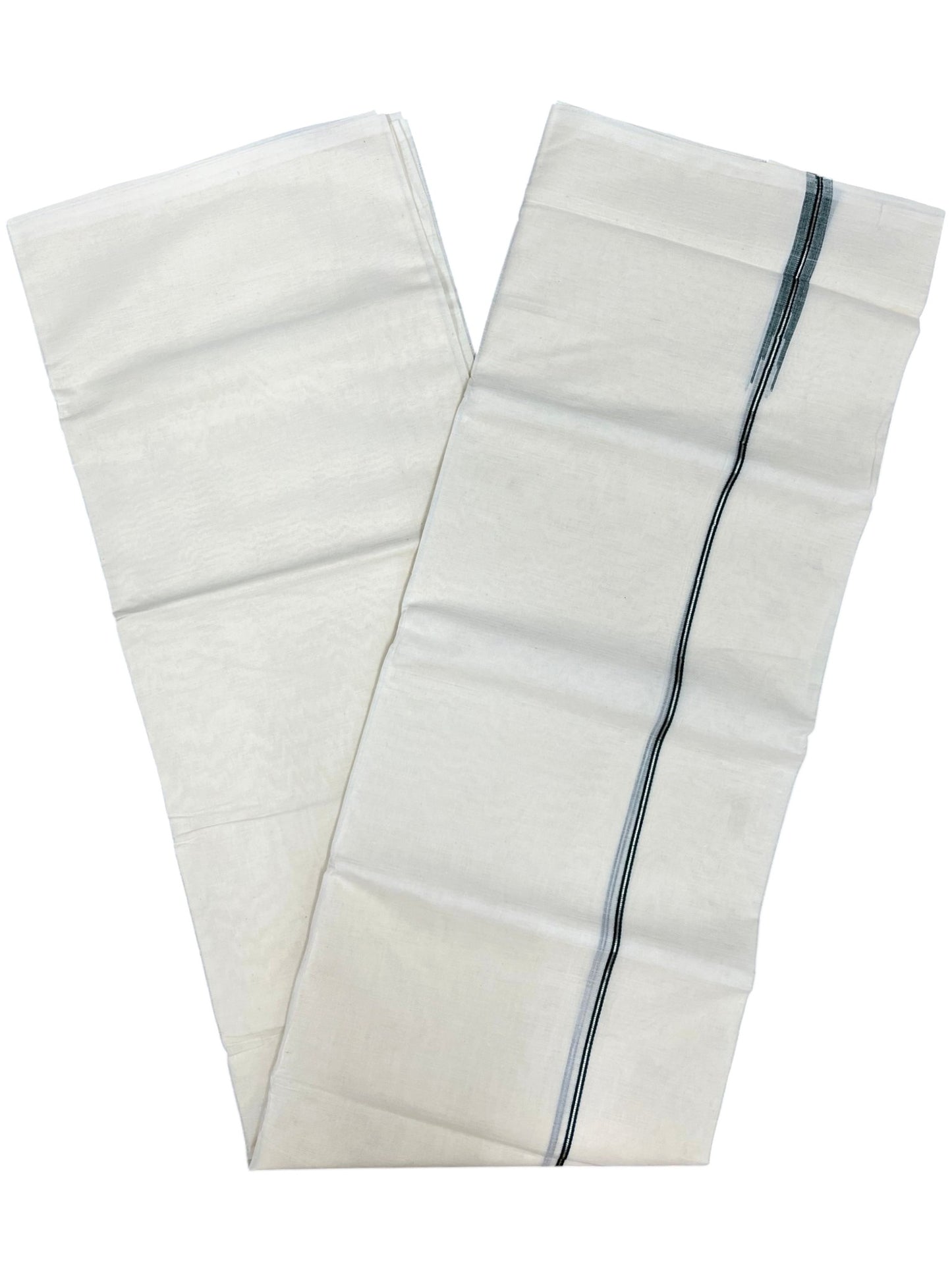 Kerala Pure Cotton Double Mundu with Green And Silver Chutti Kara (South Indian Kerala Dhoti)