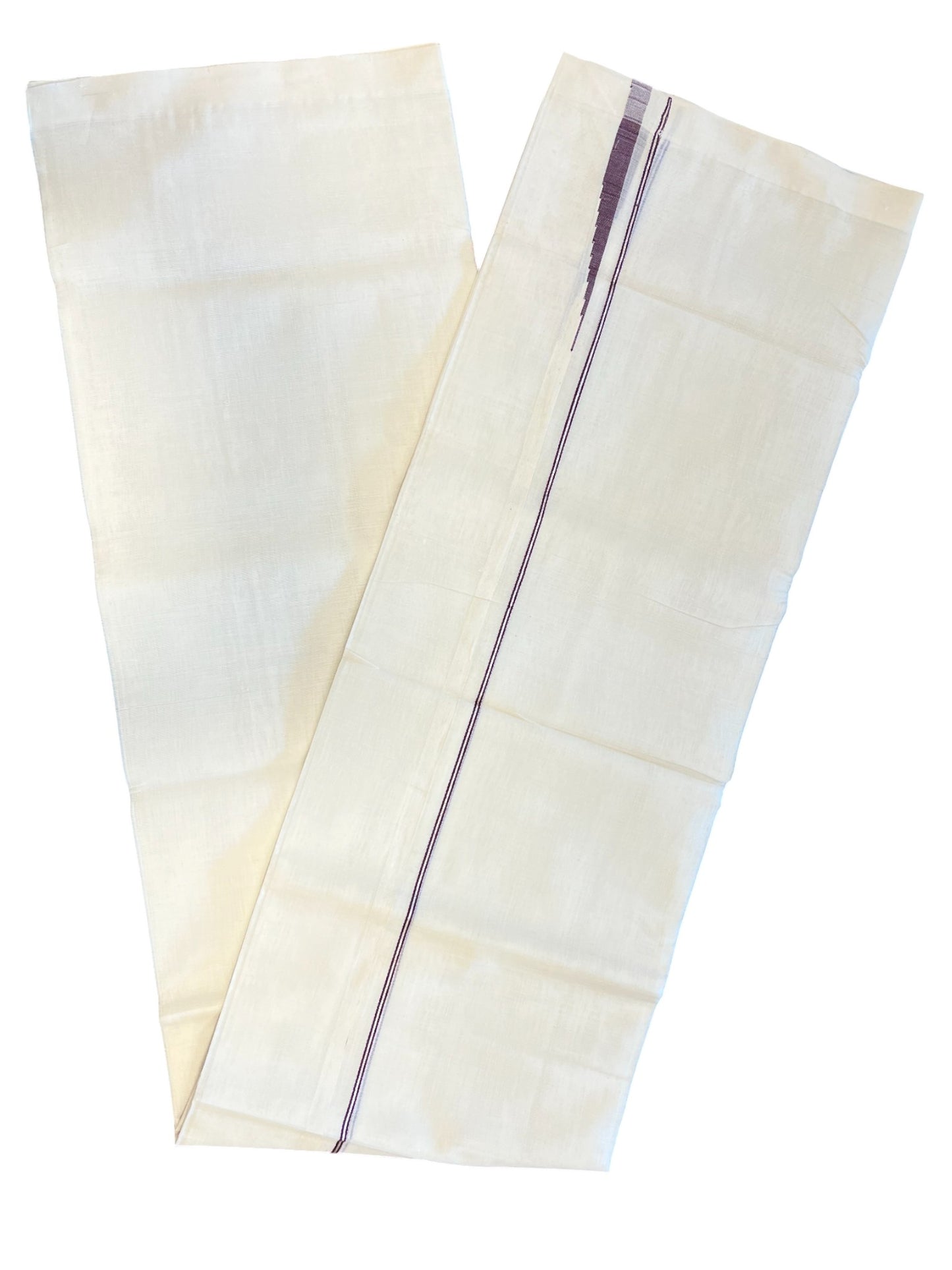 Southloom Premium Handloom Cotton Double Mundu with Silver and Purple Chutti Kara Border