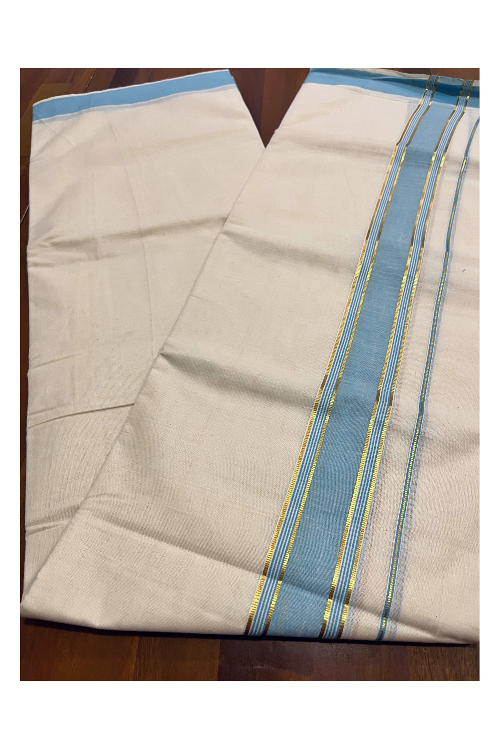 Kerala Pure Cotton Double Mundu with Light Blue and Kasavu Border