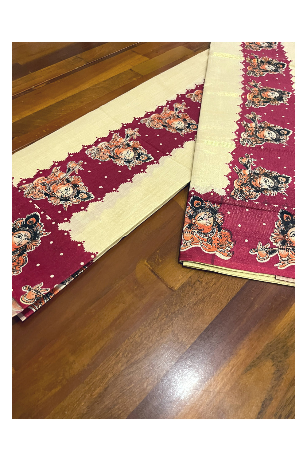 Kerala Tissue Kasavu Set Mundu (Mundum Neriyathum) with Krishna Mural Prints on Red Border (Onam Set Mundu 2023)