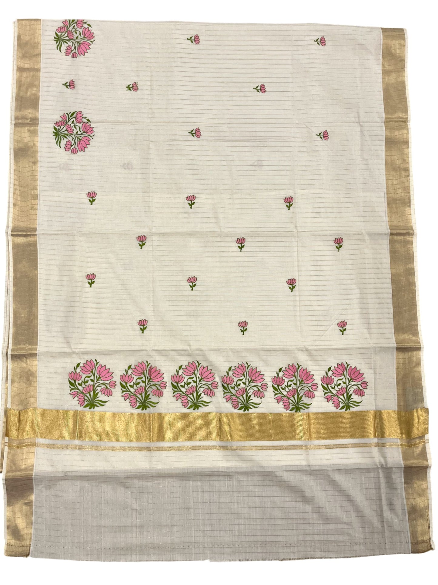 Southloom Kerala Cotton Kasavu Saree Pink Floral Embroidery  Design