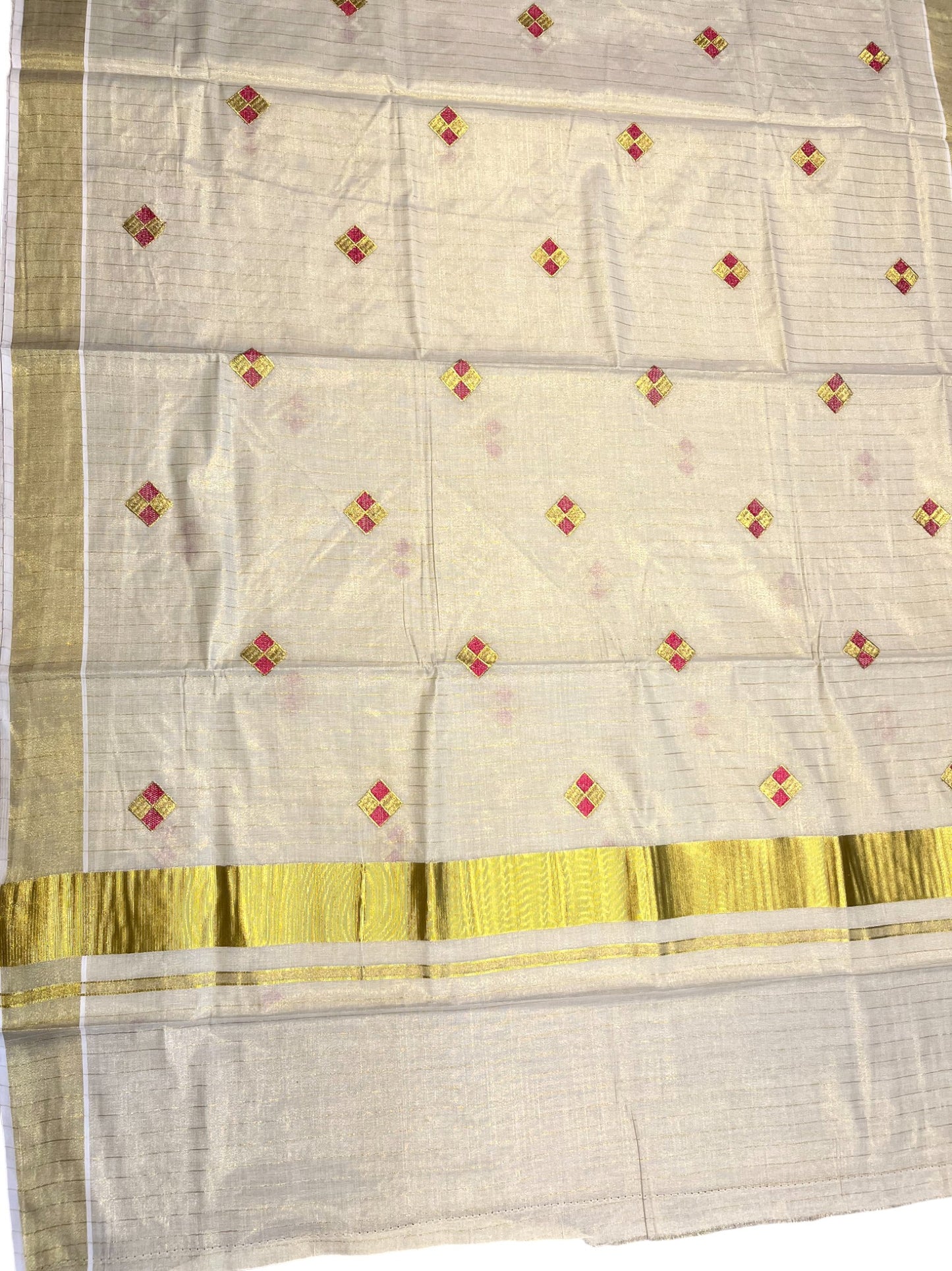 Kerala Tissue Kasavu Stripes Saree with Pink and Gold Embroidery Design on Body