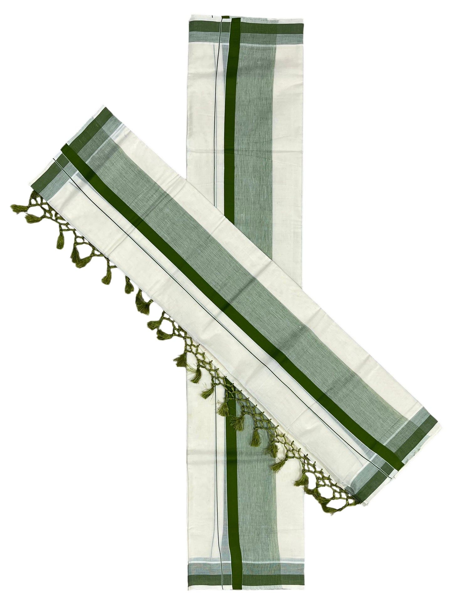 Southloom Kerala Cotton Mundum Neriyathum Single (Set Mundu) with Green Border 2.80 Mtrs