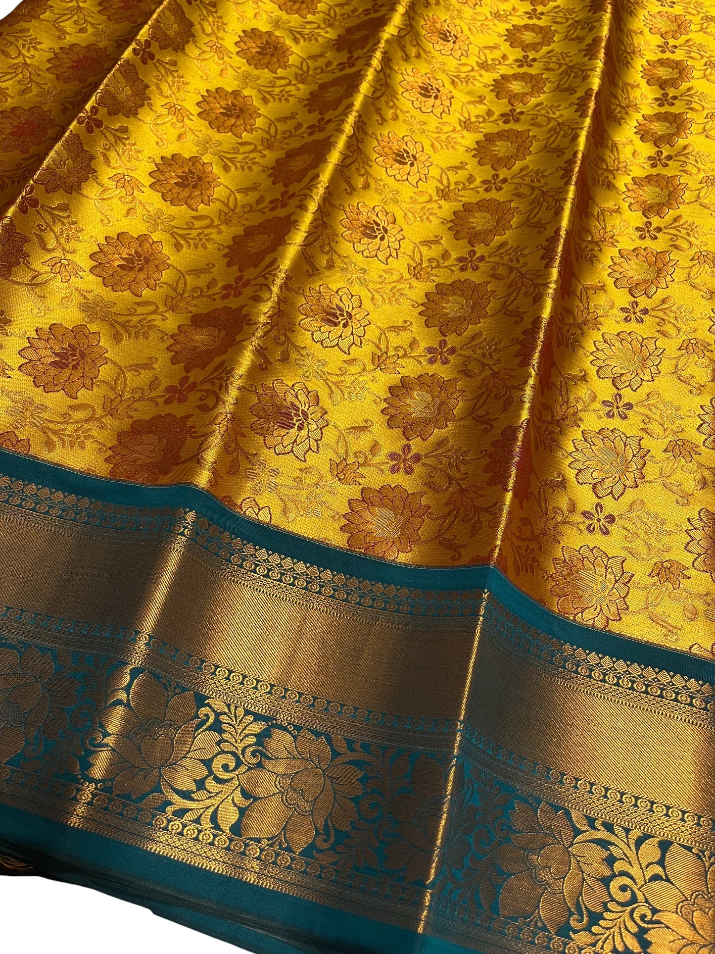 Southloom Banarasi Semi Silk Saree with Floral Zari Work Across Body (Yellow & Blue)