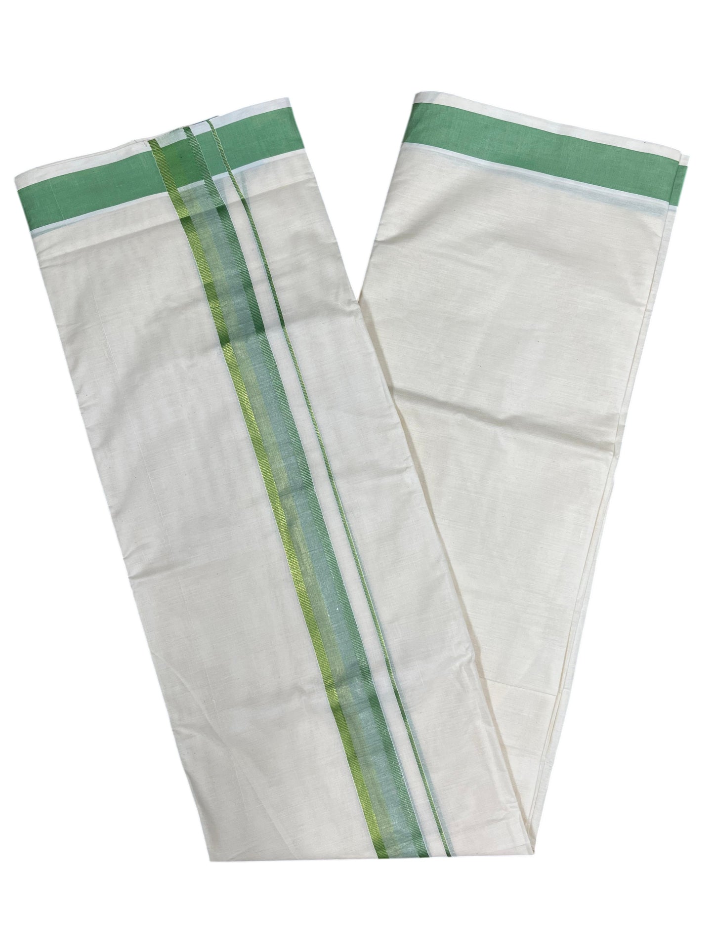 Southloom Kerala Pure Cotton Double Mundu with Green Border (South Indian Dhoti)