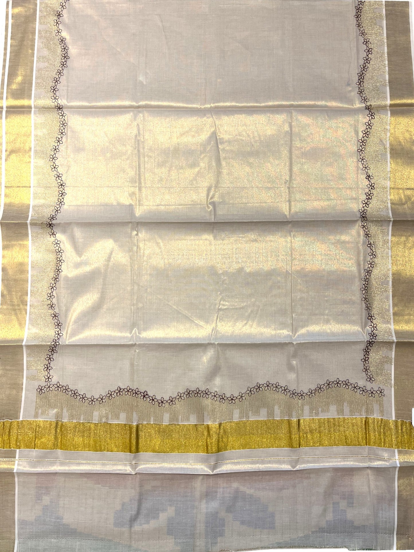 Southloom Tissue Kerala Kasavu Saree with Floral Embroidery Design