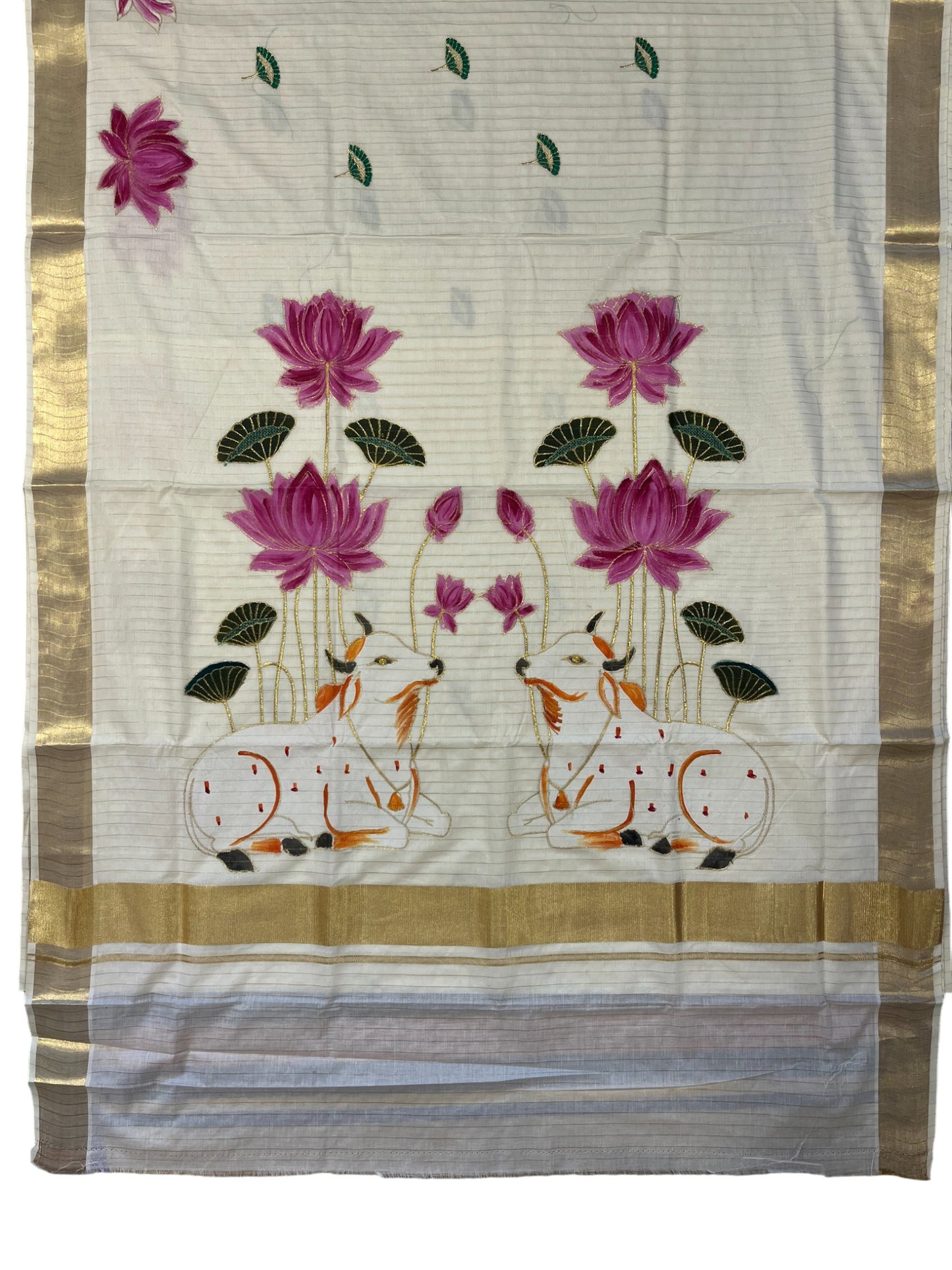 Southloom Cotton Kerala Kasavu Saree with Hand Painted Embroidery Nandi and Lotus Design