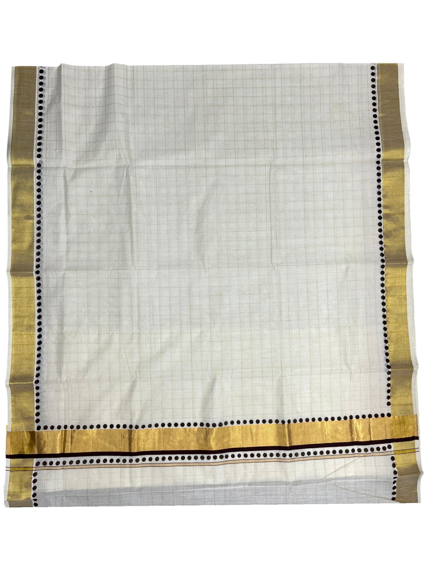 Southloom Cotton Kerala Kasavu Check Saree with Brown Polk Dots Design Border