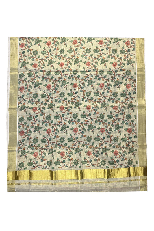 Kerala Tissue Kasavu Check Saree with Green Floral Kalamkari Design