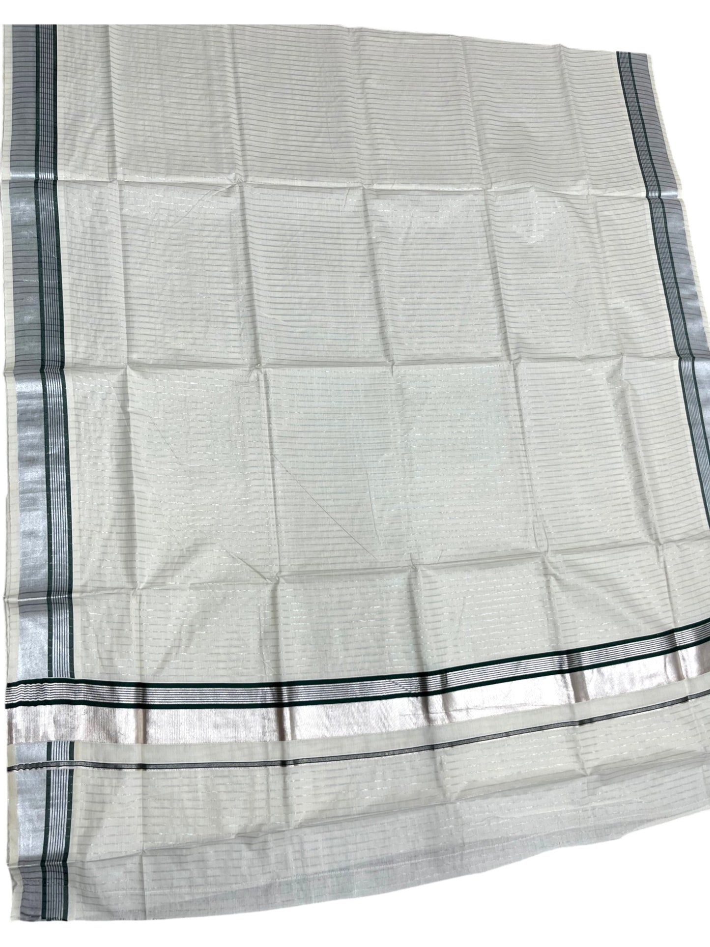 Southloom Pure Cotton Kerala Silver Kasavu Lines Saree with Green and Silver Border