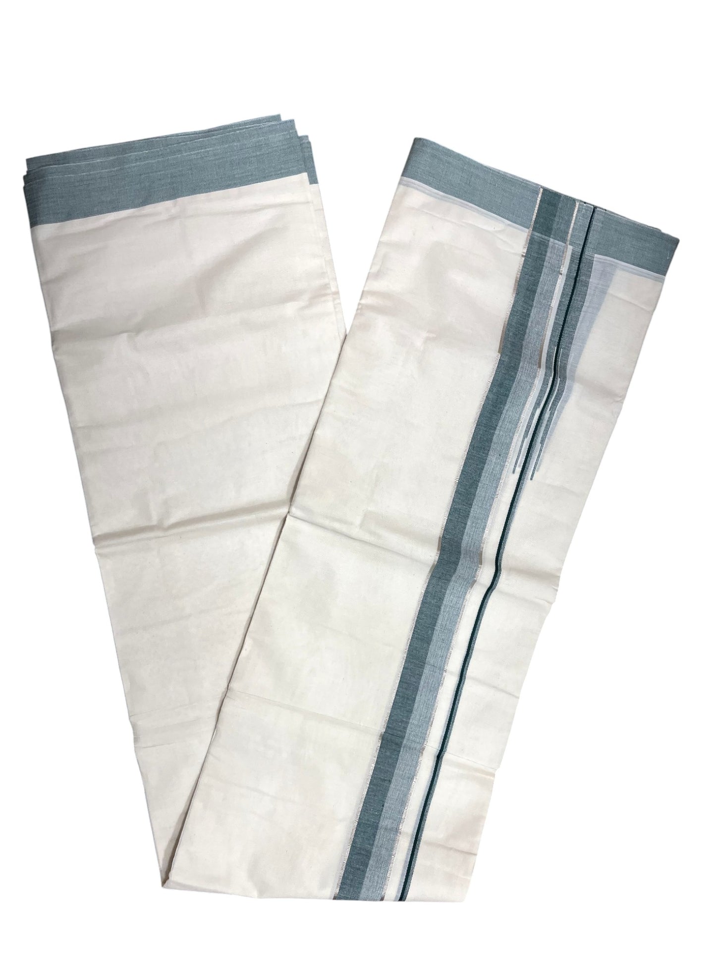 Southloom Kerala Pure Cotton Double Mundu with Silver Lines & Green Border (South Indian Dhoti)