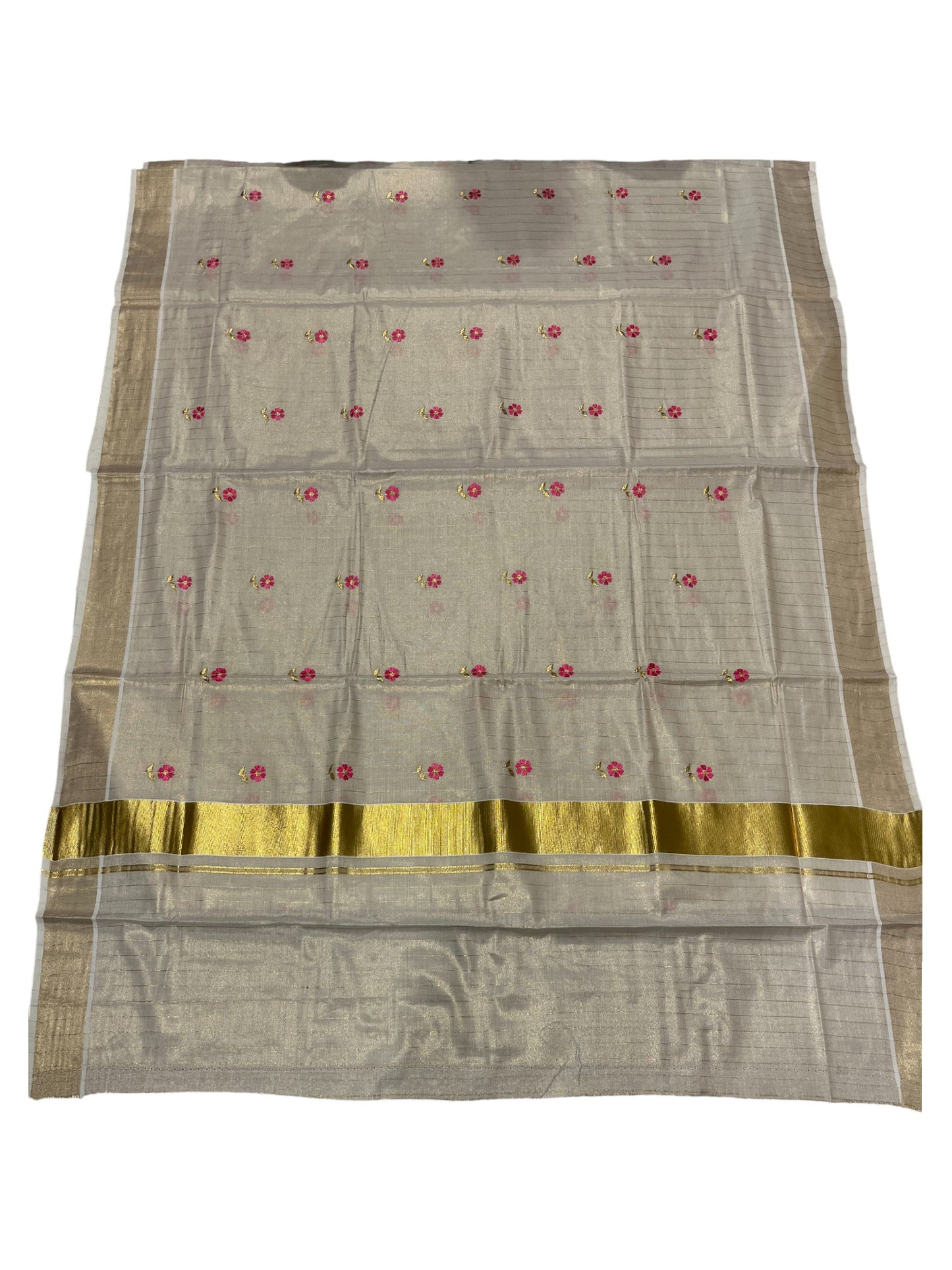 Southloom Kerala Tissue Kasavu Saree with Pink Floral Embroidery on Body