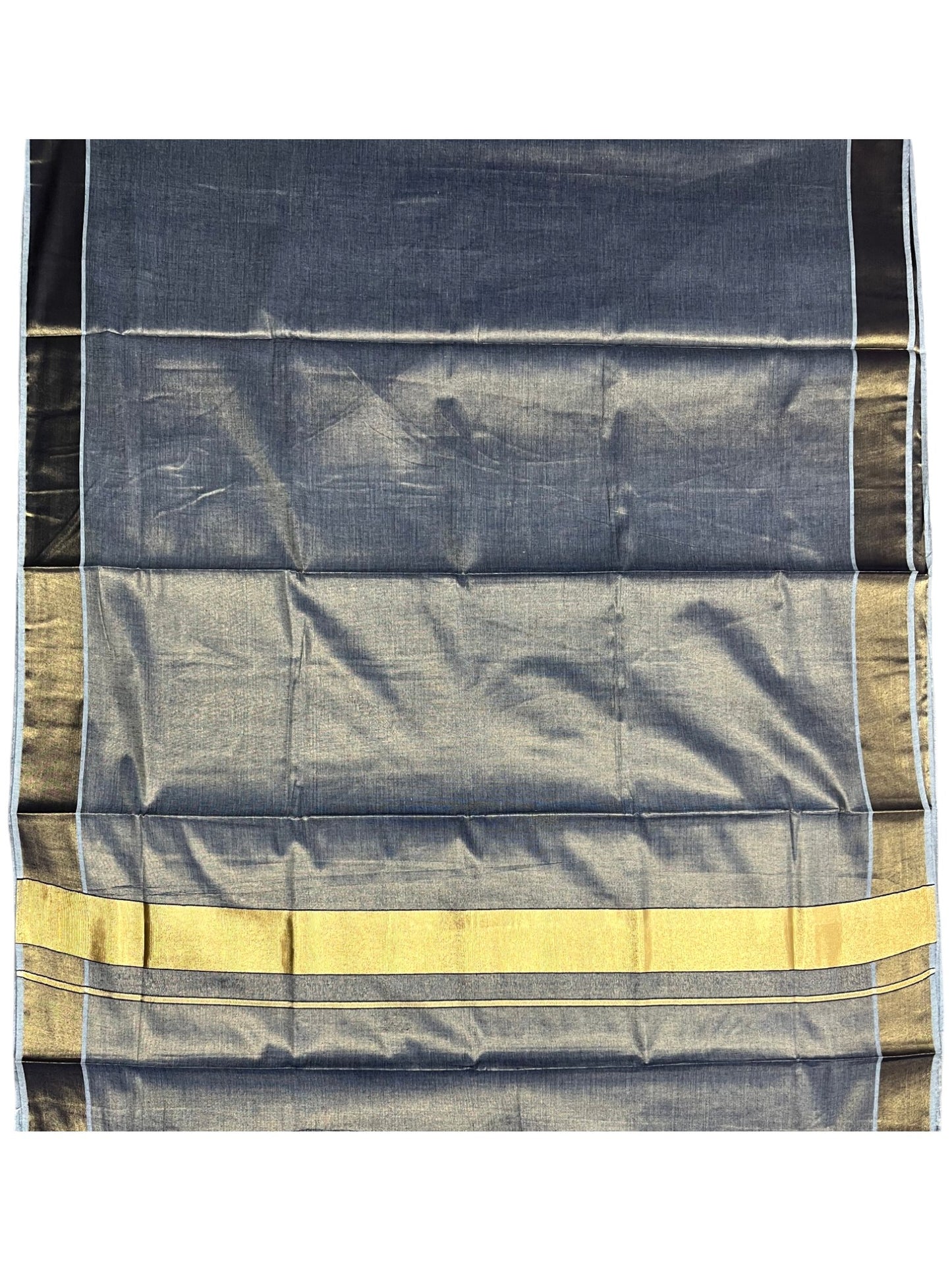 Southloom Kerala Tissue Blue Plain Saree With Golden Border