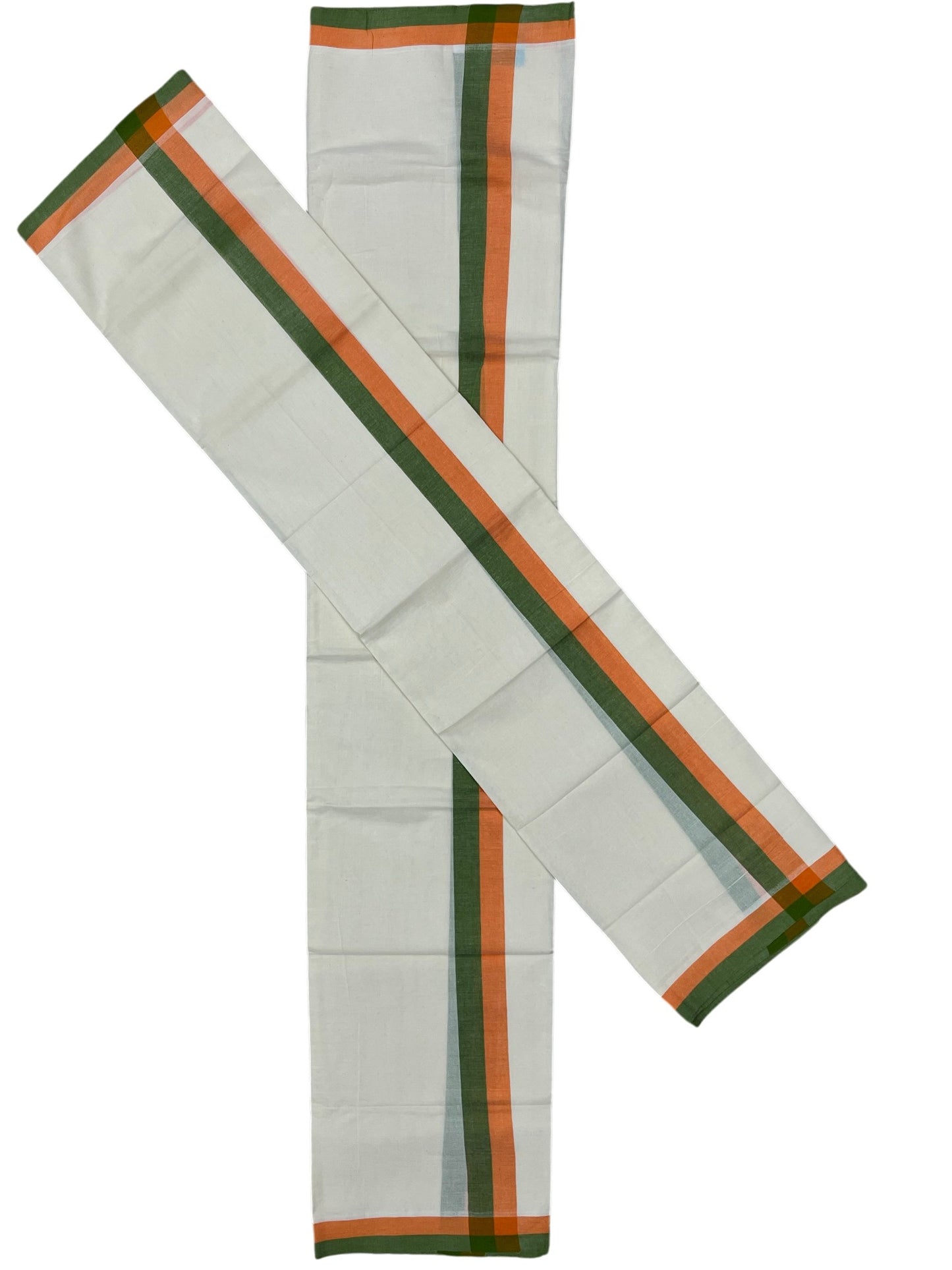 Southloom Pure Cotton Kerala Single Mulloth Set Mundu (Mundum Neriyathum) Green And Orange Border in 2.80 mtrs
