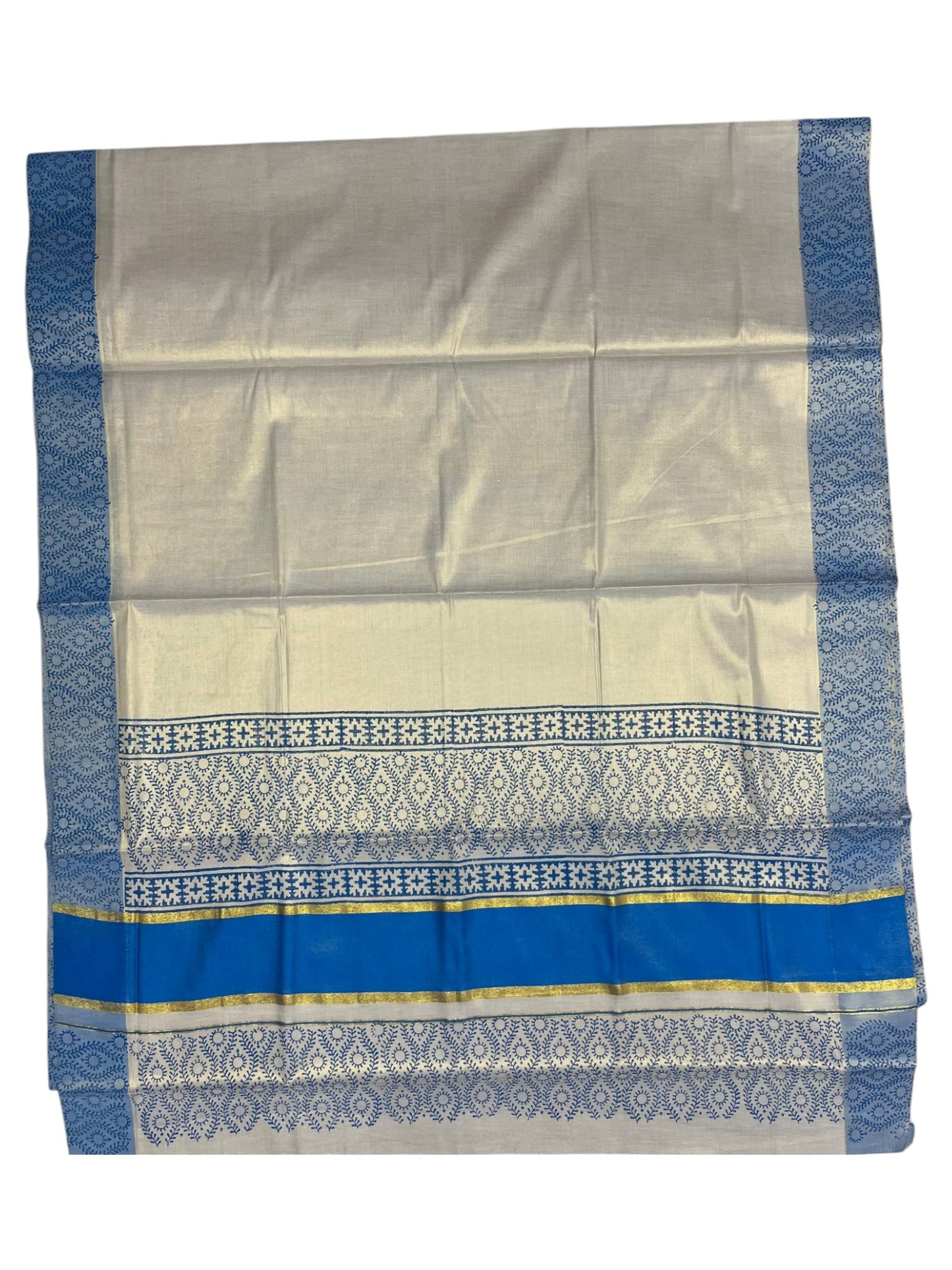 Southloom Tissue Kerala Kasavu Saree with Block Print on Body and Borders in Blue