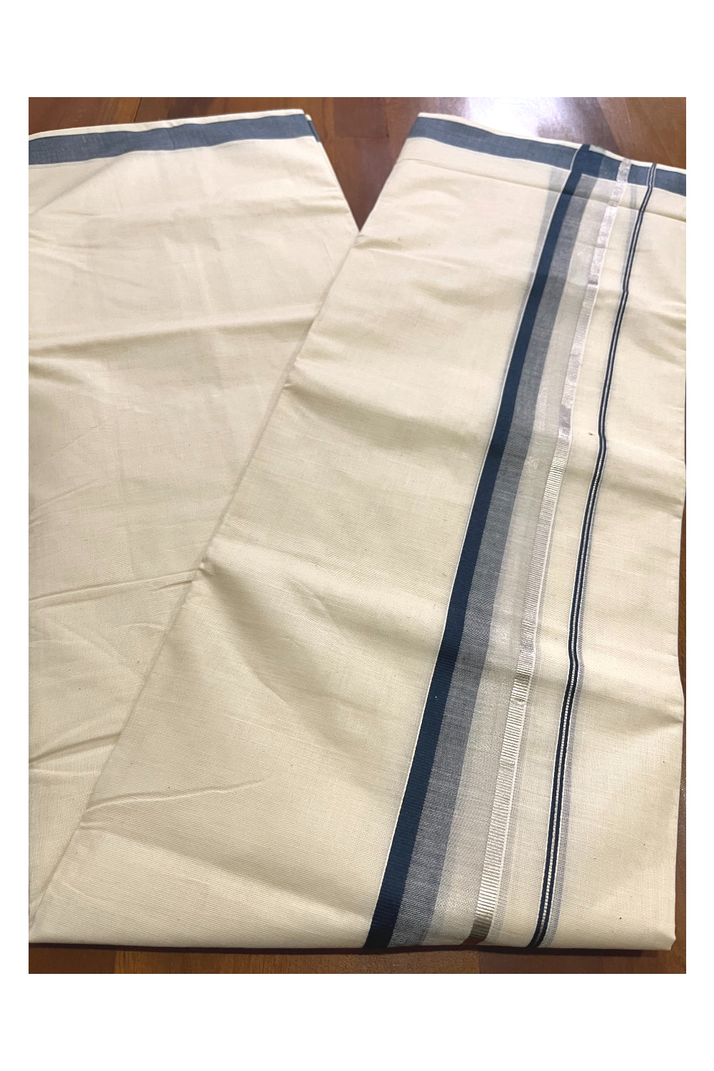 Pure Cotton Off White Kerala Double Mundu with Teal Blue and Kasavu Border (South Indian Dhoti)