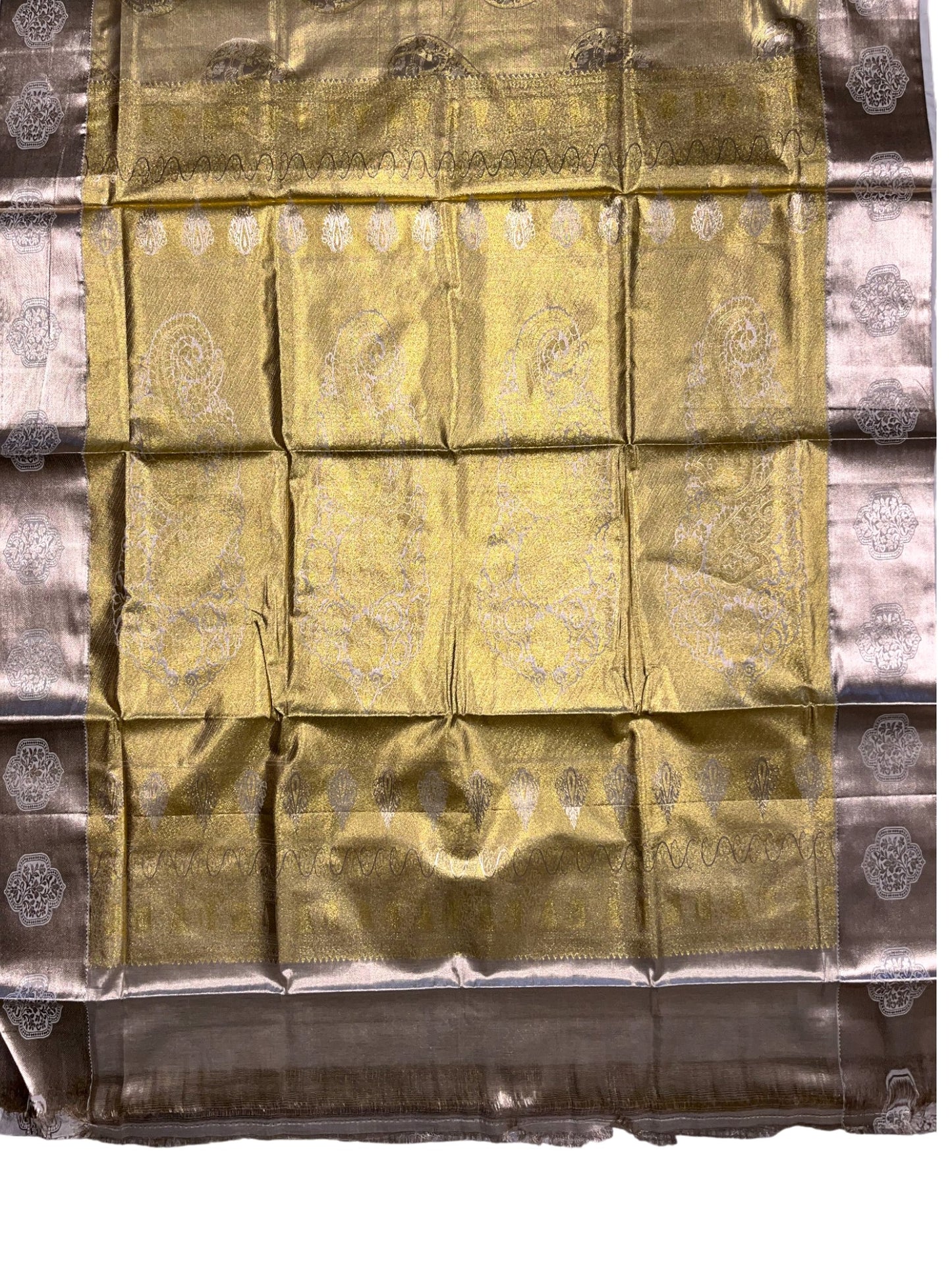 Southloom Tissue Kasavu Replica Saree with Heavy Golden Works Across Body and Kasavu Border