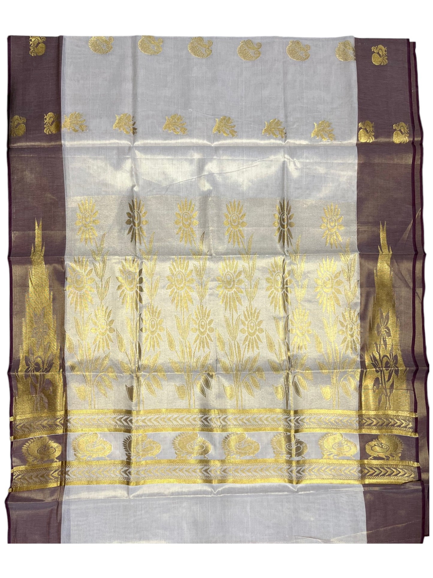 Southloom  Kerala Tissue Kasavu Heavy Work Saree with Peacock Design And Maroon Border SL483