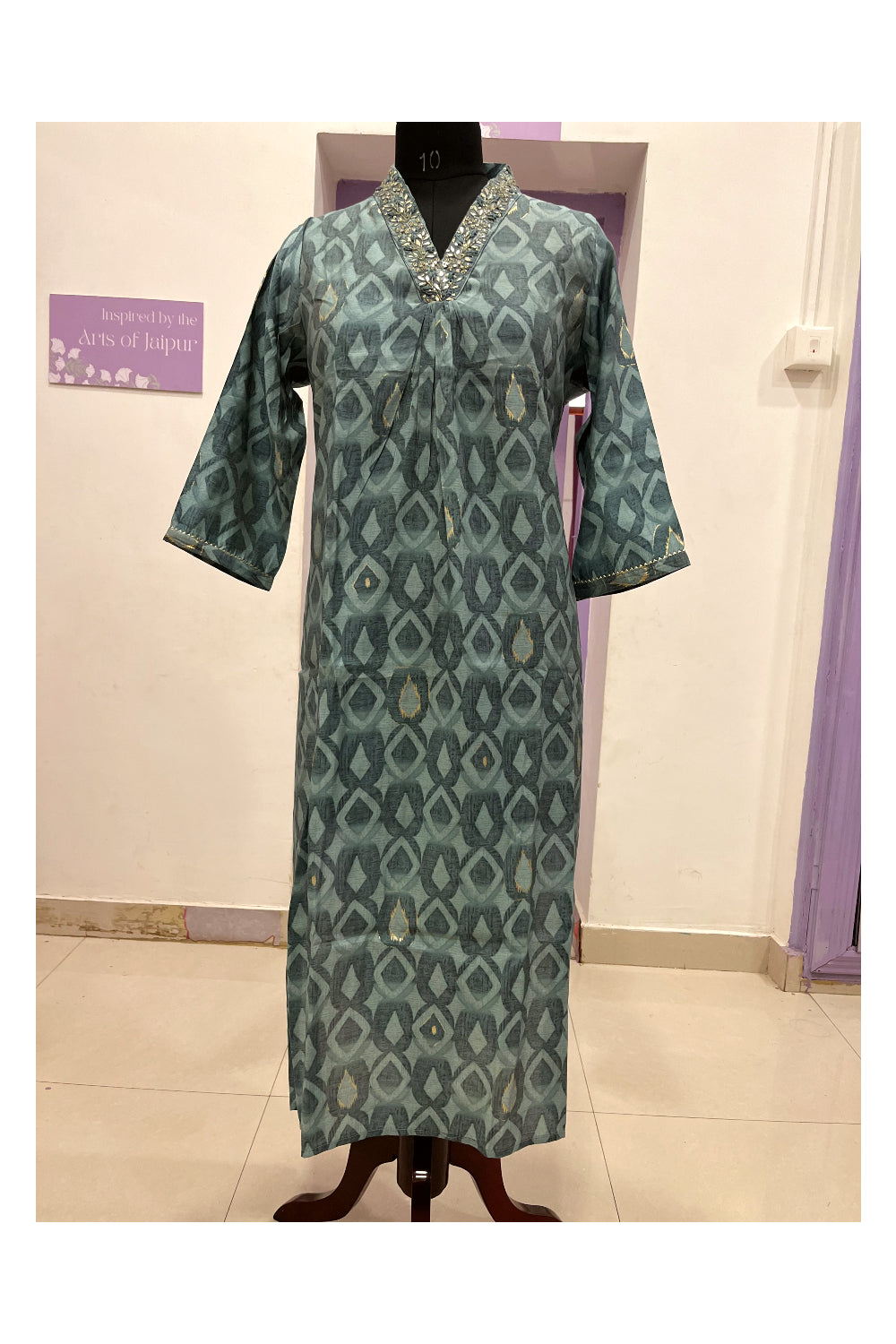 Southloom Stitched Semi Silk Salwar Set in Greenish Grey Prints and Sequins Works on Neck