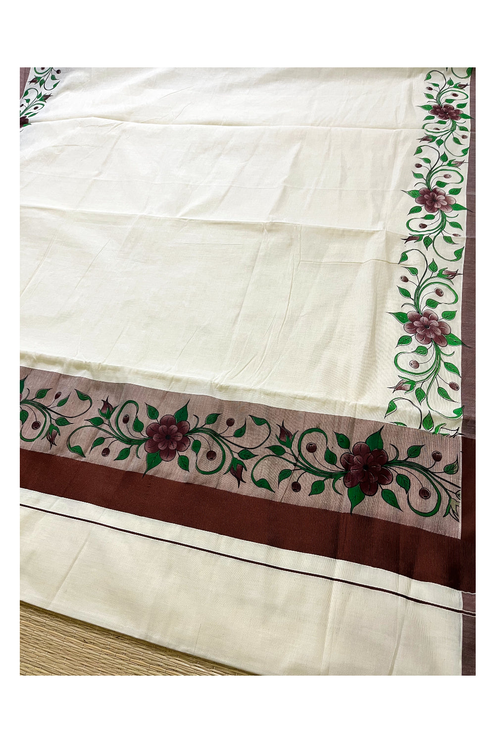 Pure Cotton Kerala Saree with Floral Block Printed Brown Border