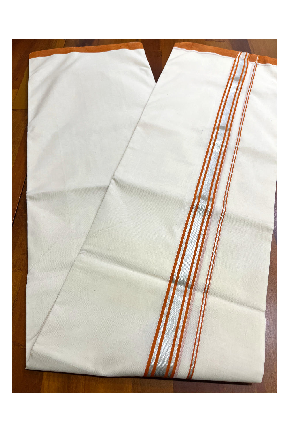 Premium Balaramapuram Handloom Unakkupaavu Cotton Double Mundu with Orange and Silver Kasavu Border (Vishu 2024 Collection)