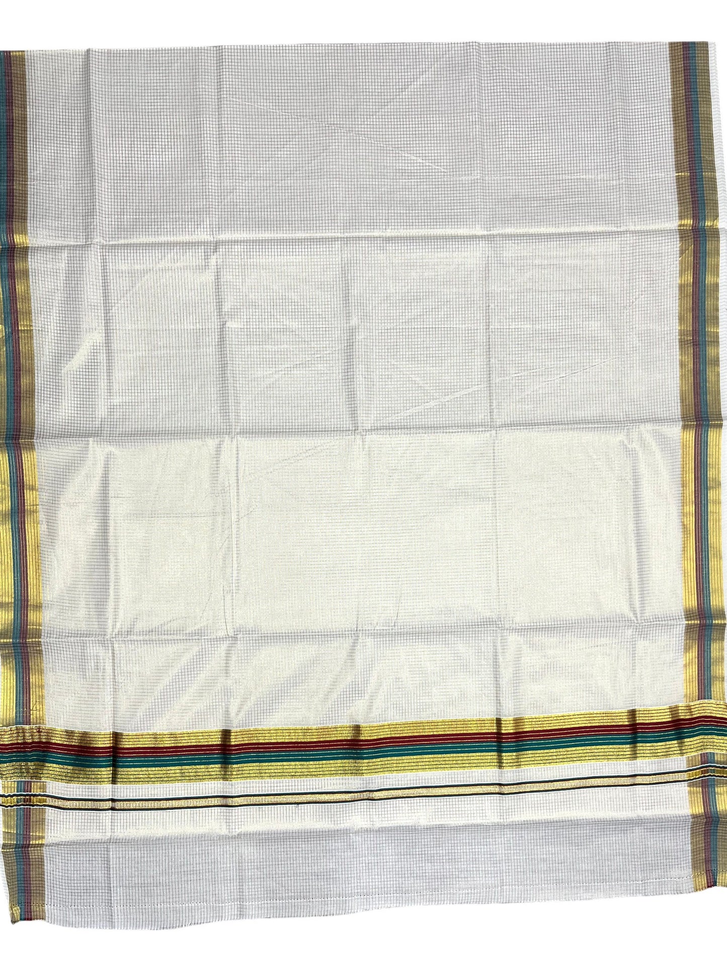 Southloom Kerala Cotton Kasavu Saree with Micro Check Design on Body in Maroon & Green Border