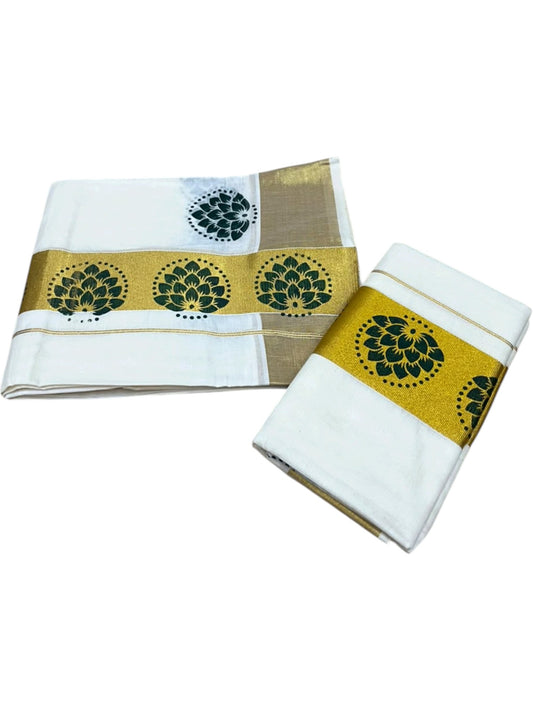 Southloom Pure Cotton Set Mundu with Gold Kasavu and Green Floral Digital Print in 2.80 Mtrs SL383