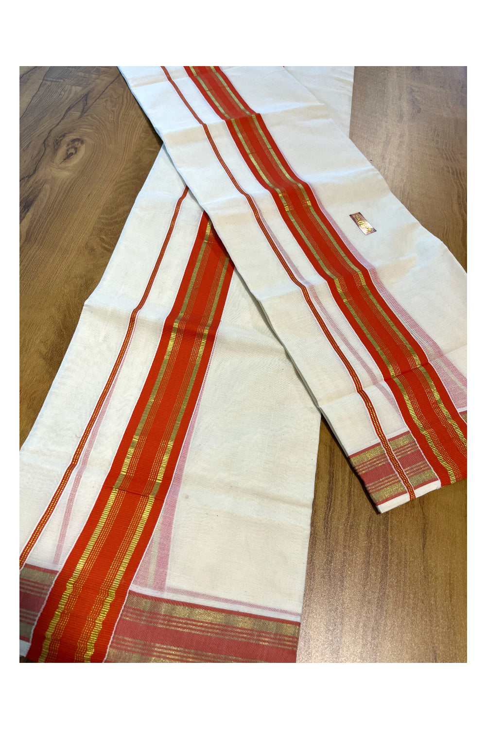 Kerala Cotton Set Mundu (Mundum Neriyathum) with Kasavu and Orange Border 2.80 Mtrs