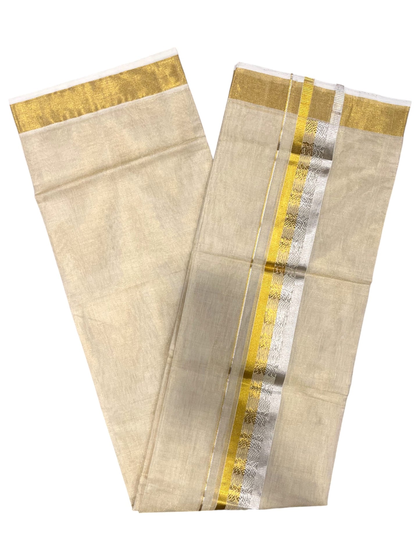 Southloom Premium Handloom Tissue Double Mundu with Gold And Silver Kasavu Border
