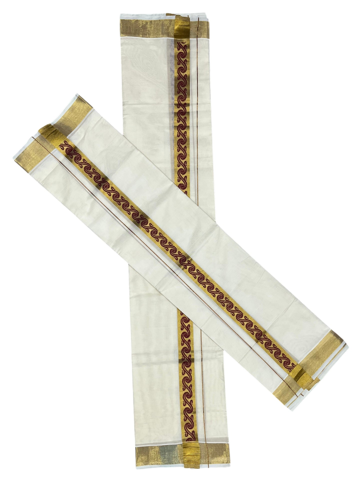 Southloom Kerala Pure Cotton Set mundu  (Mundum Neriyathum) with Maroon Block Prints on Kasavu Border-2.80Mtrs