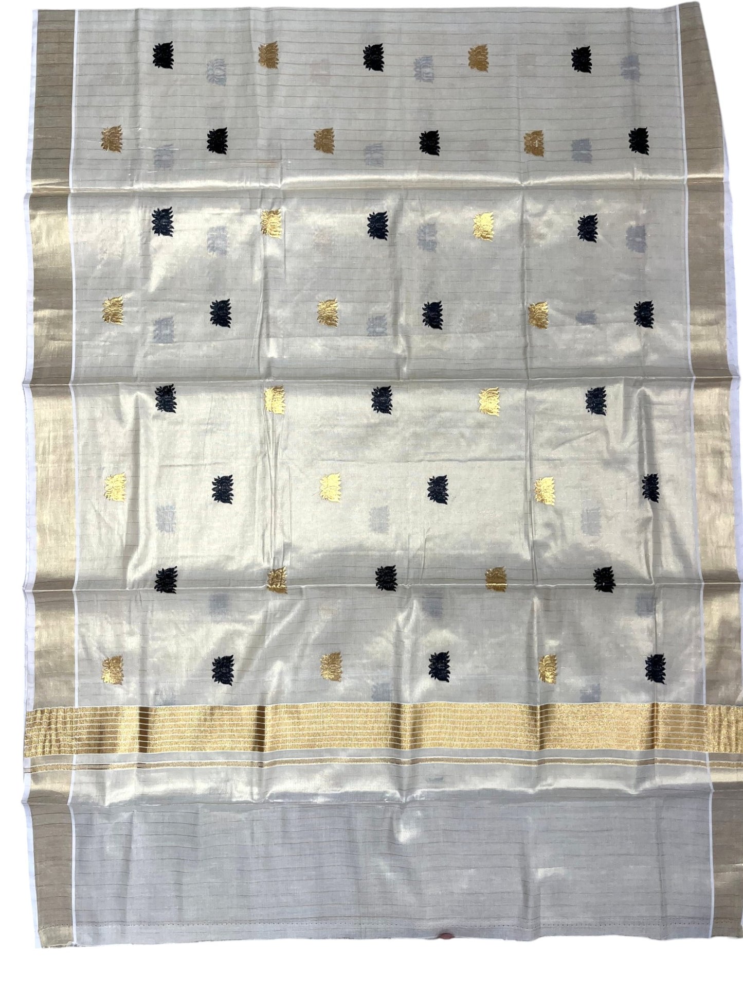 Southloom Kerala Tissue Kasavu Saree with Black&Gold Lotus Embroidery Works