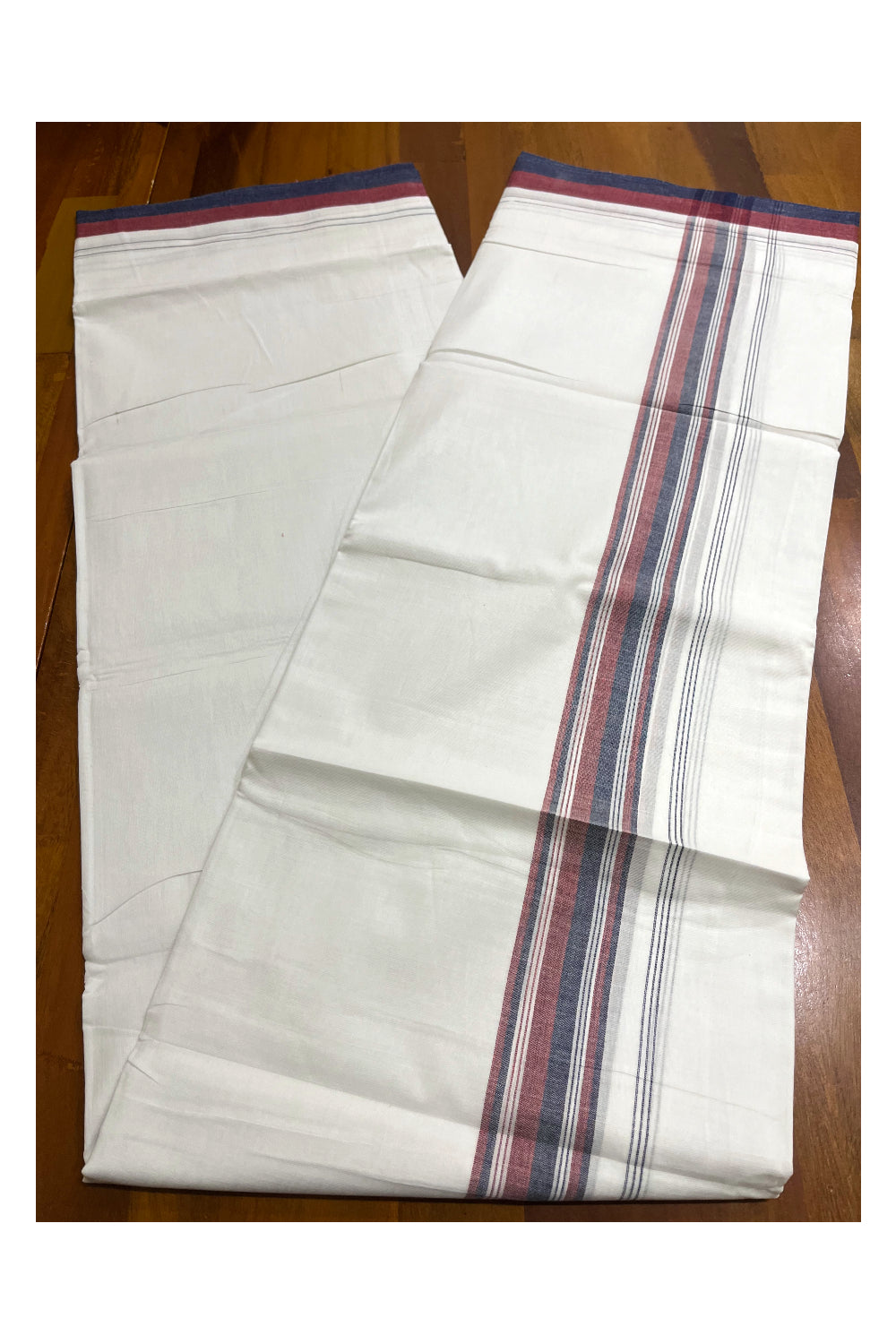 Pure White Cotton Kerala Double Mundu with Maroon Blue Border (South Indian Kerala Dhoti)