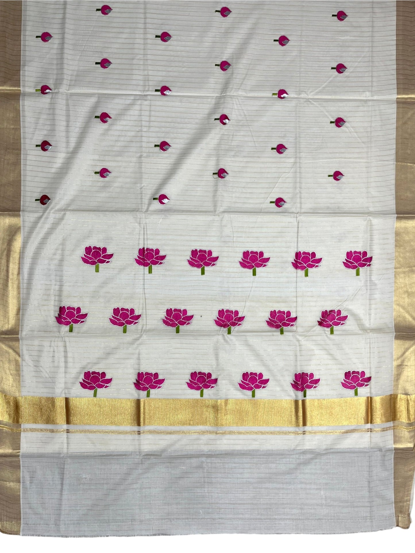 Southloom Kerala Cotton Kasavu Saree with Pink Lotus Embroidery Design