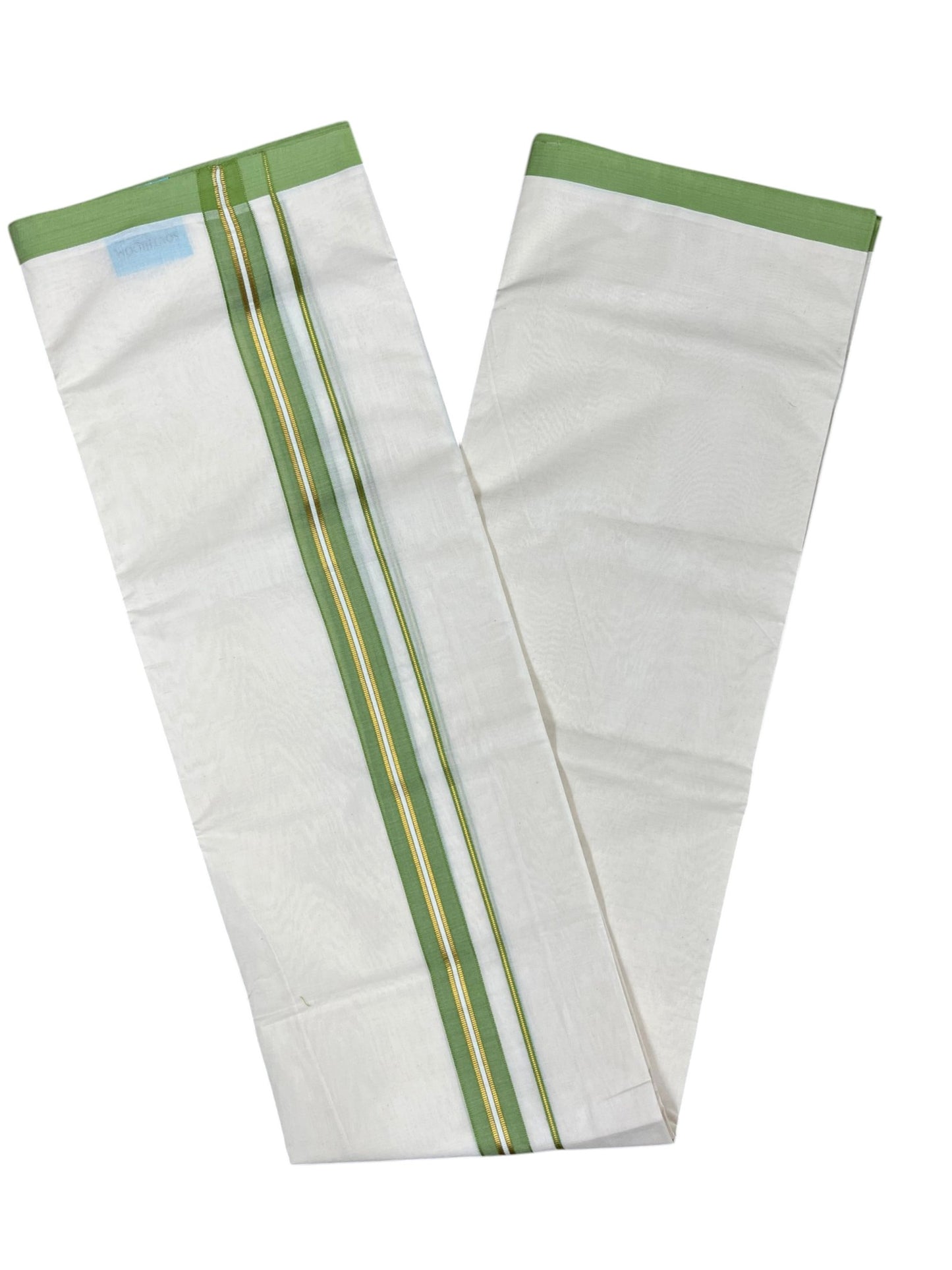 Southloom Pure Cotton Mundu with Golden Lines and Green Border (South Indian Kerala Dhoti)