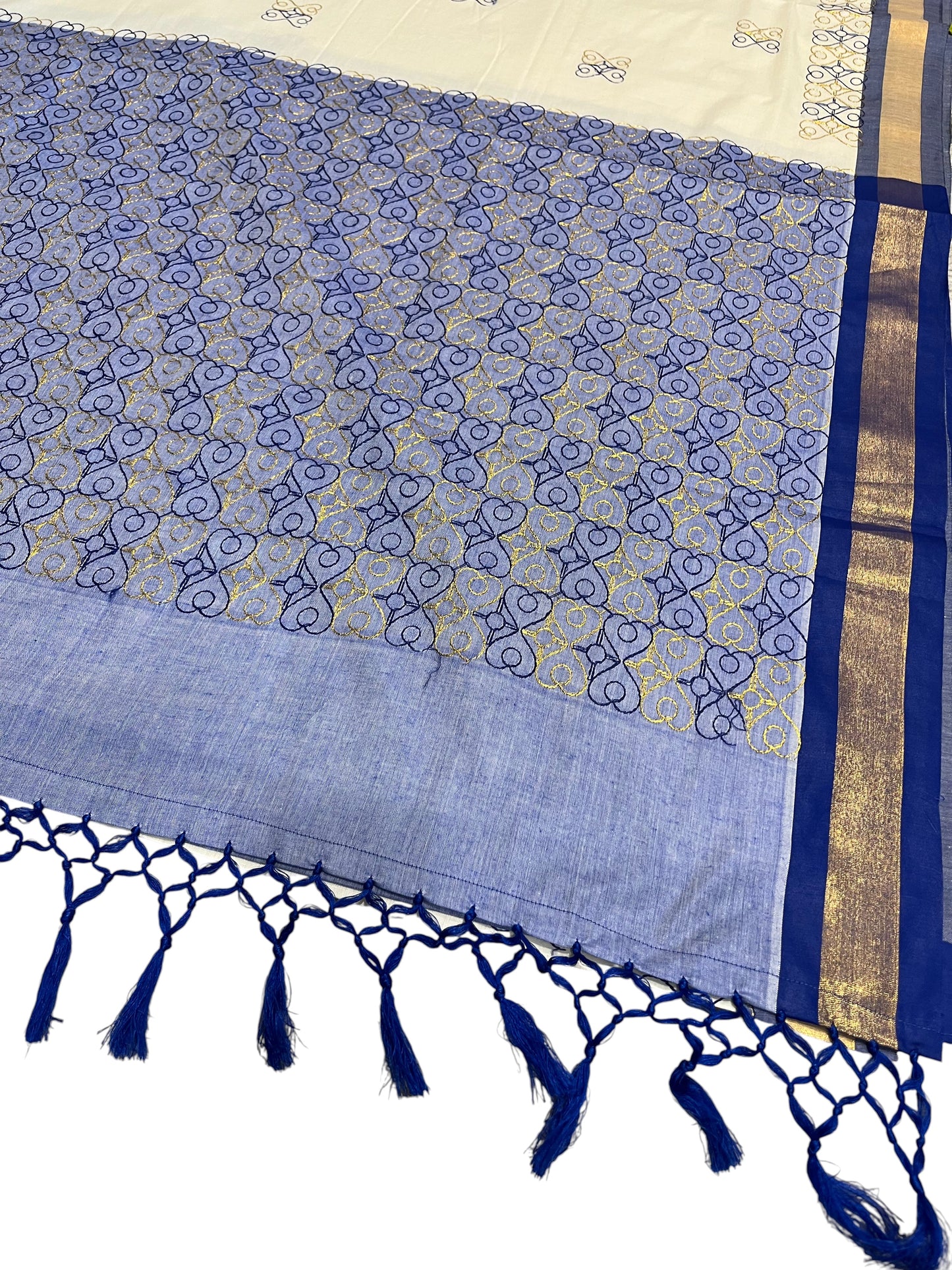Southloom Kerala Cotton Saree with Blue and Golden Embroidery Works