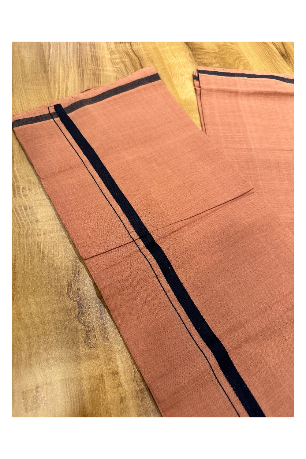 Southloom Premium Handloom Saffron (Kaavi) Solid Single Mundu (Lungi) with Black Border (South Indian Kerala Dhoti)