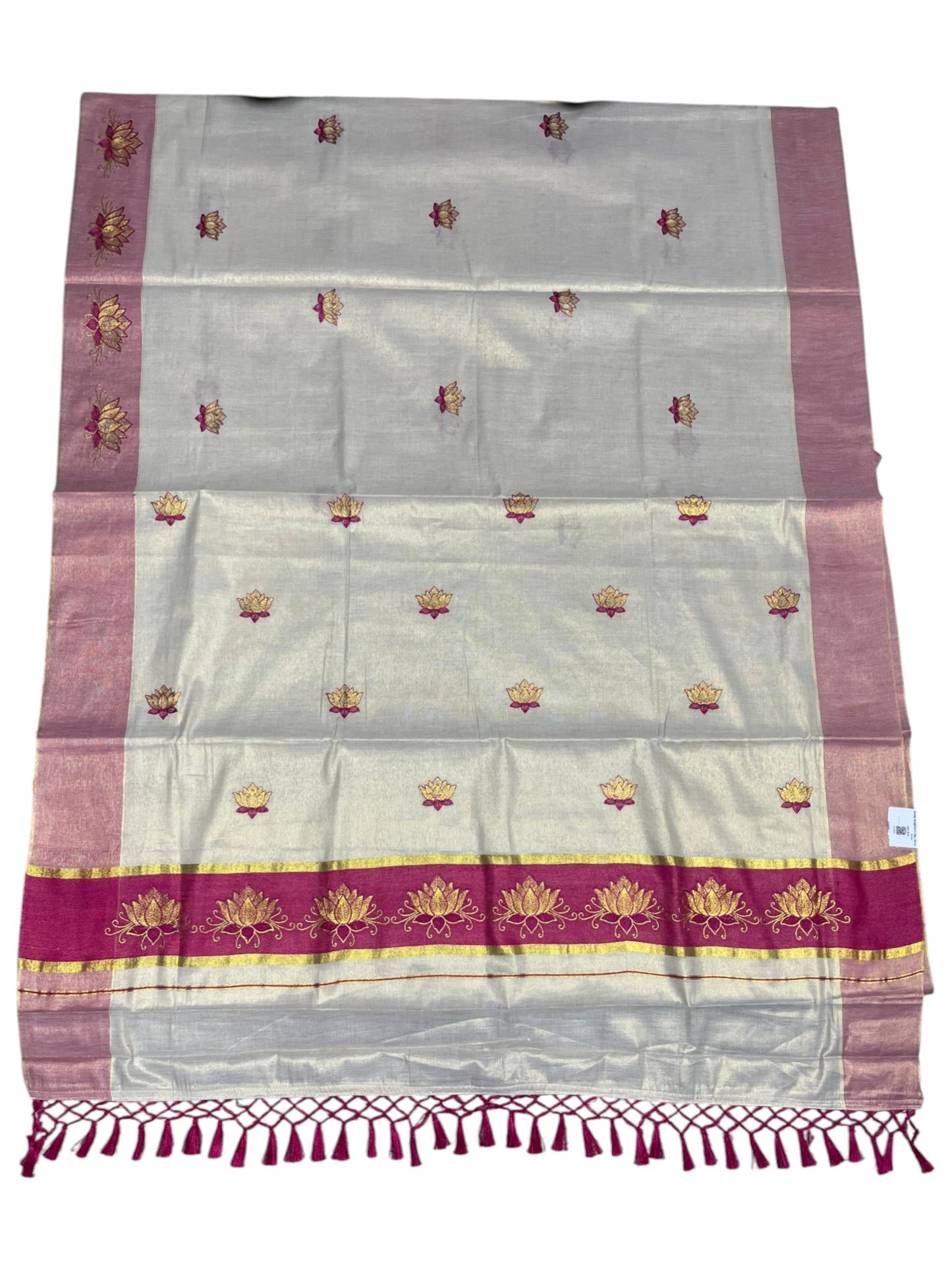 Southloom Kerala Tissue Kasavu Saree with Magenta And Golden Lotus Embroidary Works on Body